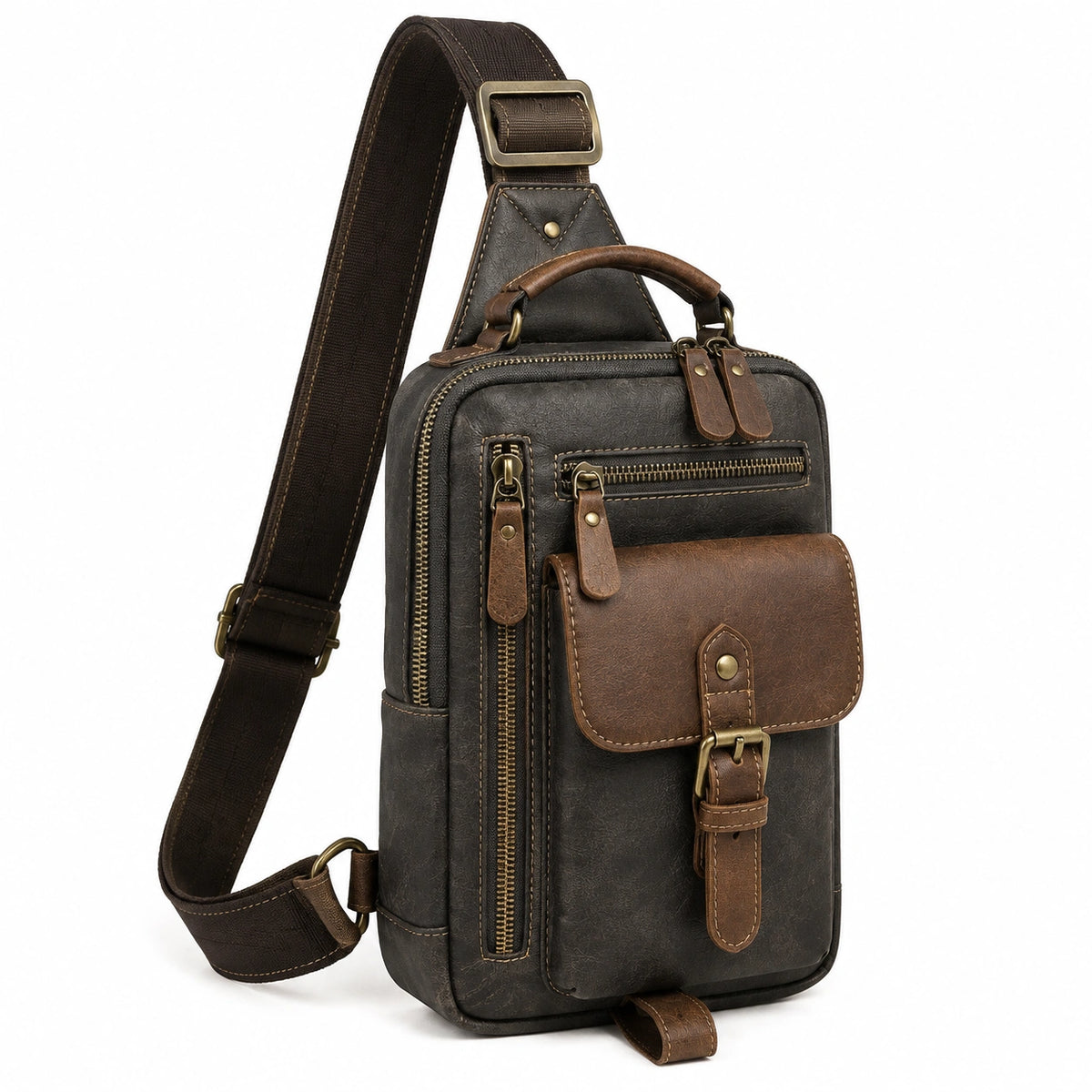 Borsa a tracolla 18 x 9 x 30 cm in pelle sintetica marrone e nero con tasche multiple stile vintage