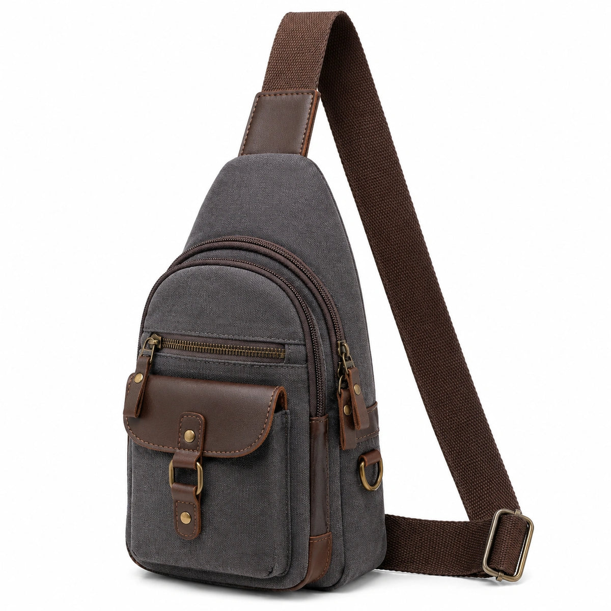 Borsa a tracolla monospalla 18 x 8 x 32 cm in tela grigio scuro e similpelle marrone con tasche multiple