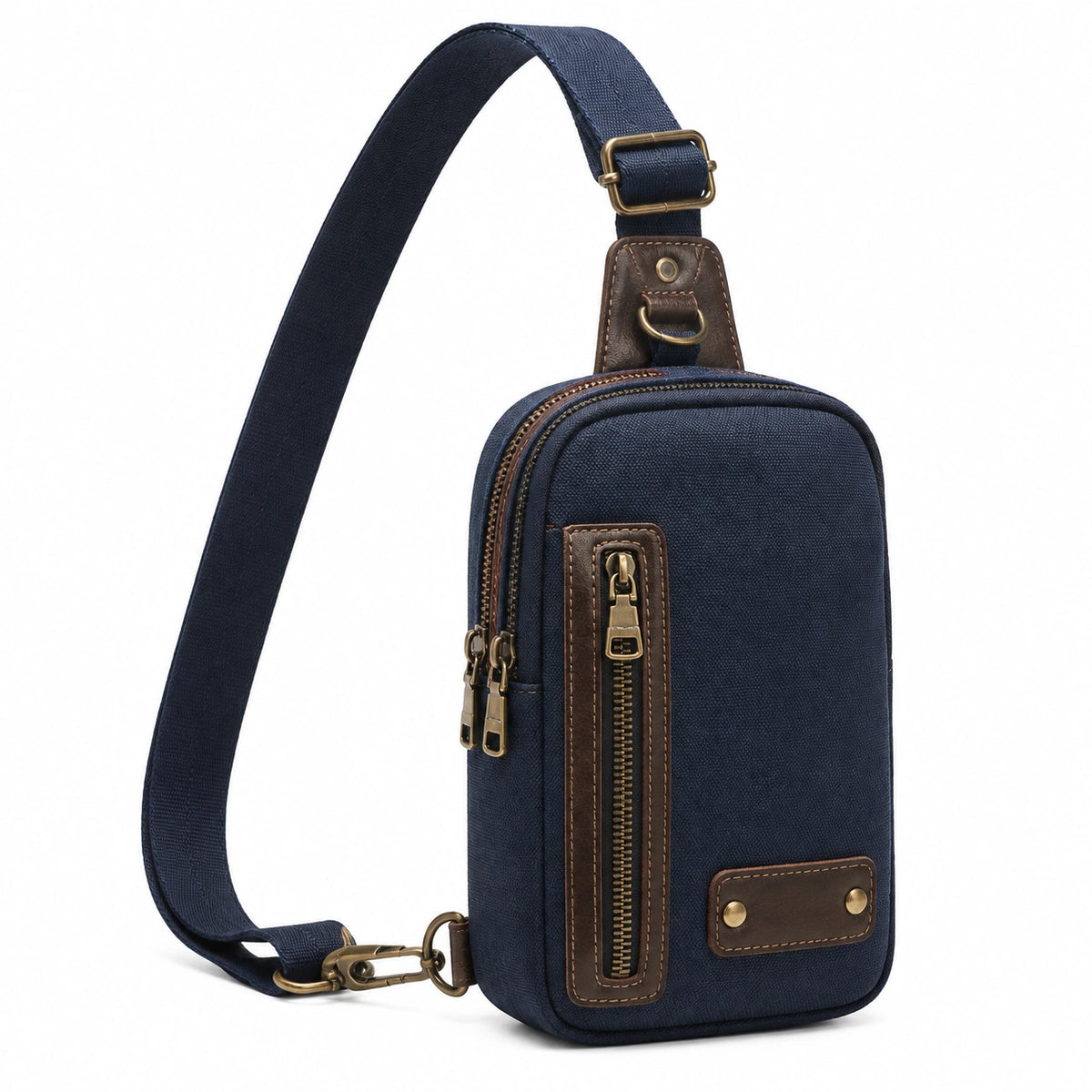 Borsa a tracolla 16 x 7 x 28 cm in tela blu con inserti marroni e tasche con zip