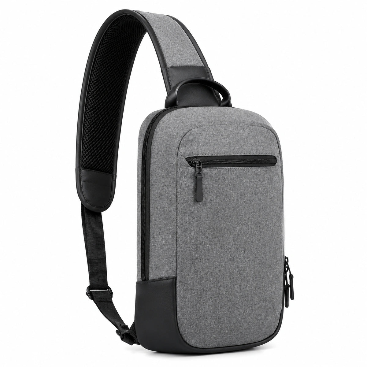 Zaino monospalla 32 x 18 x 8 cm in tessuto sintetico grigio nero con tasche zip per uso quotidiano