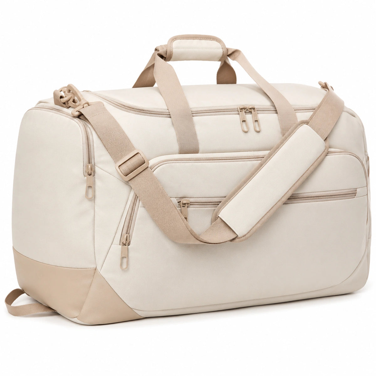 Borsone 50 x 25 x 28 cm in tessuto beige per viaggio e sport con scomparti e tracolla regolabile