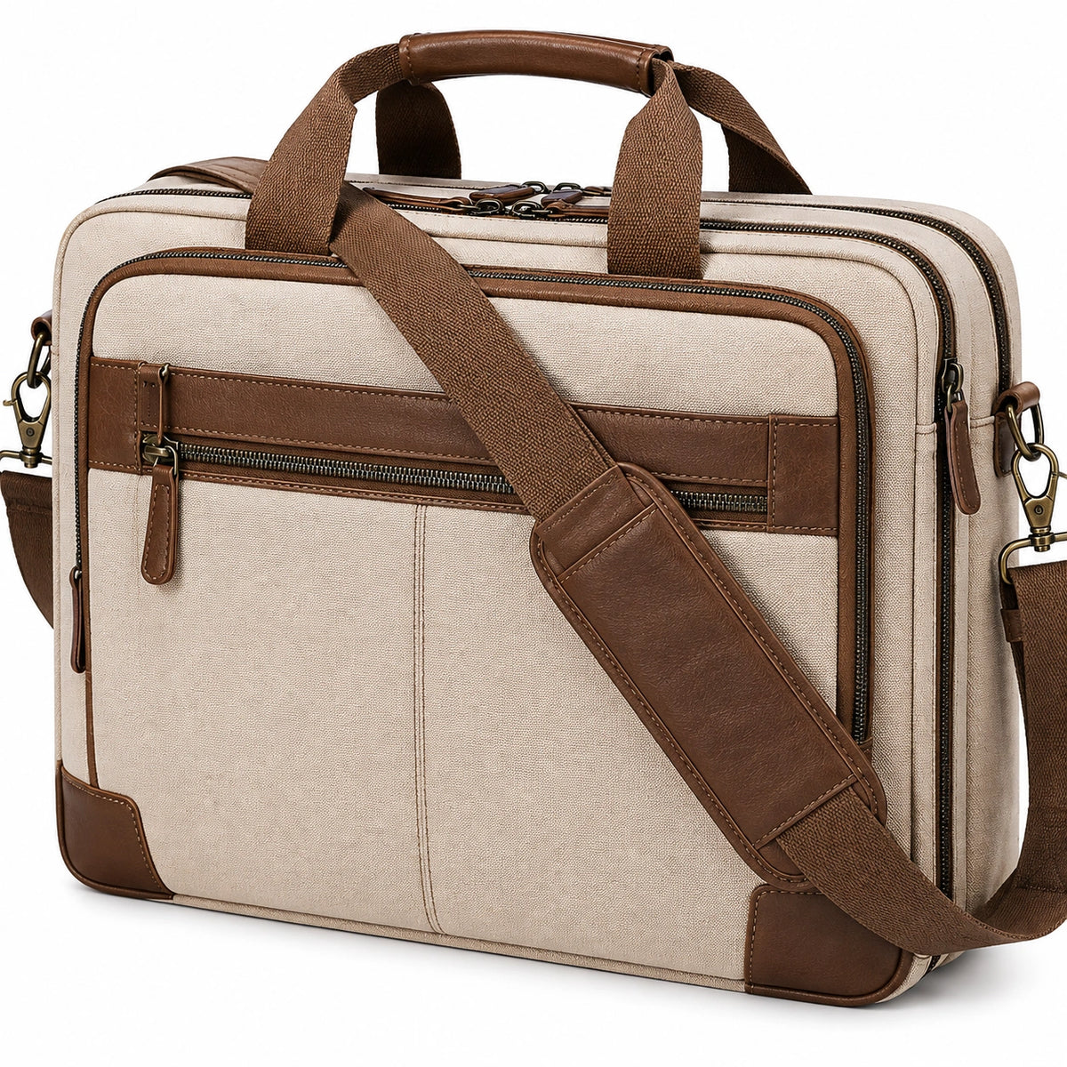 Borsa portadocumenti 40 x 30 x 12 cm in tessuto beige e marrone con tracolla