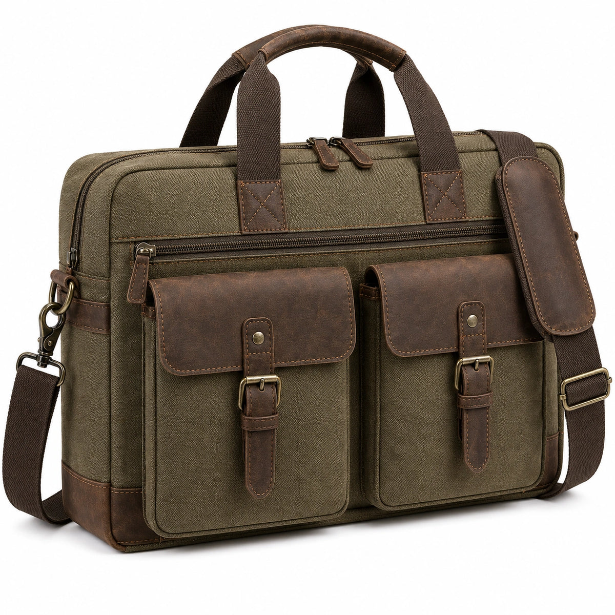 Borsa porta laptop 40x12x30 cm in tela verde oliva e similpelle marrone stile vintage
