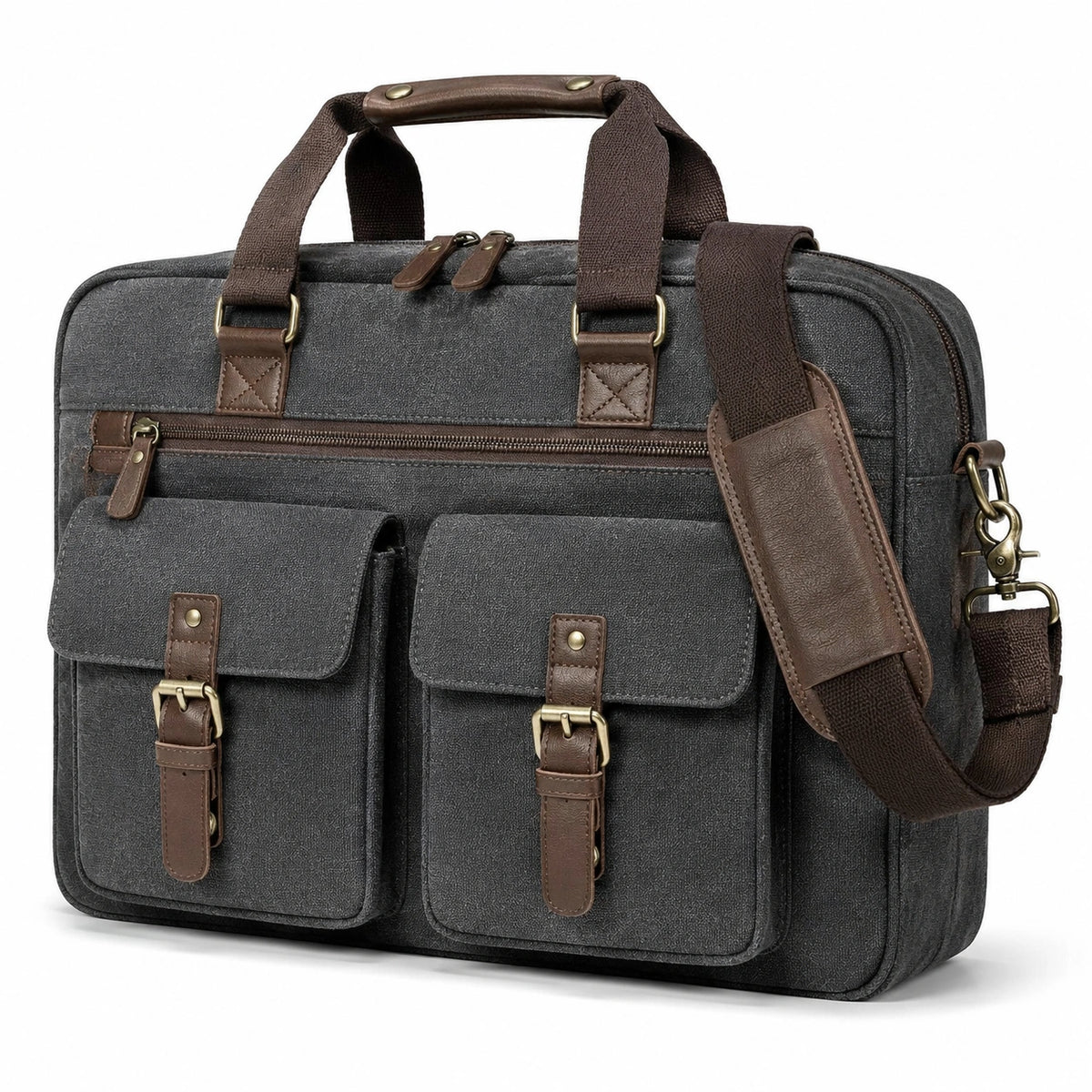 Borsa portadocumenti 40 x 12 x 30 cm in tessuto grigio con similpelle marrone - tracolla e tasche