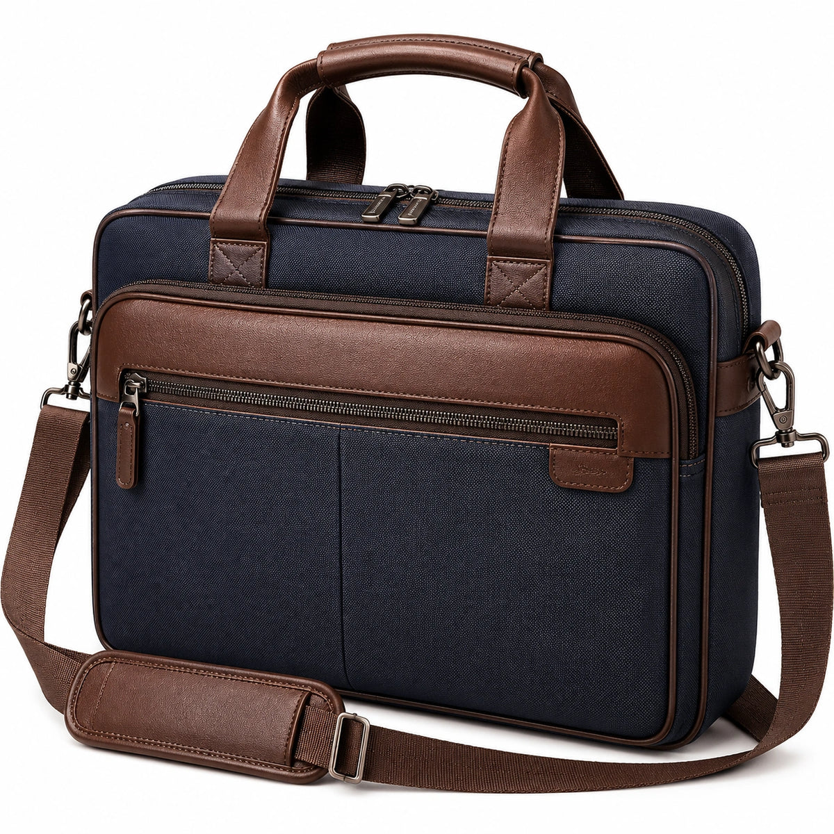 Borsa portadocumenti 40 x 30 x 10 cm in tessuto sintetico blu e similpelle marrone con tracolla