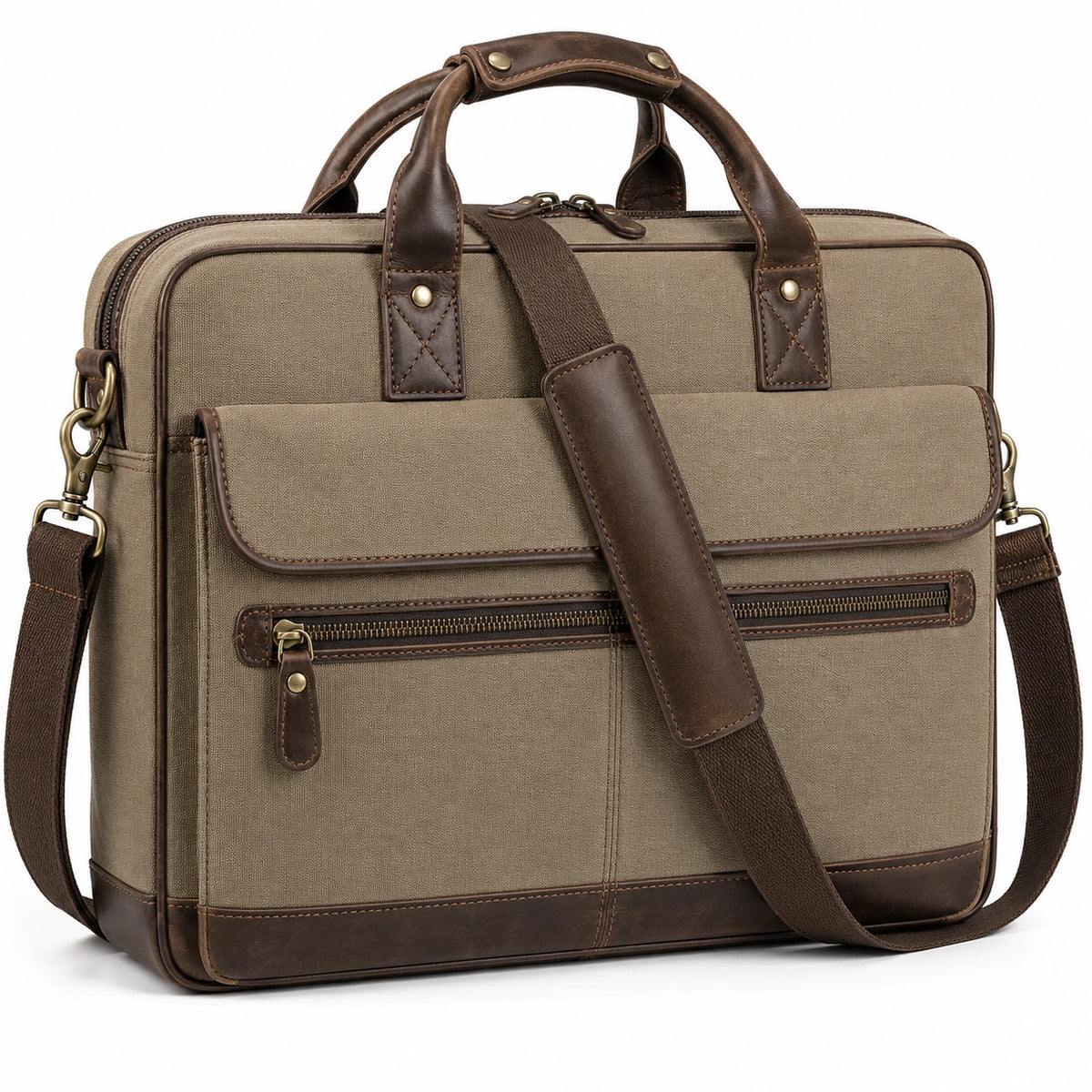 Borsa portadocumenti 42 x 12 x 32 cm in tessuto marrone e kaki con tracolla regolabile