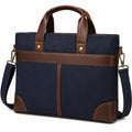 Borsa porta documenti 40 x 9 x 30 cm in tessuto blu navy e similpelle marrone con tracolla removibile