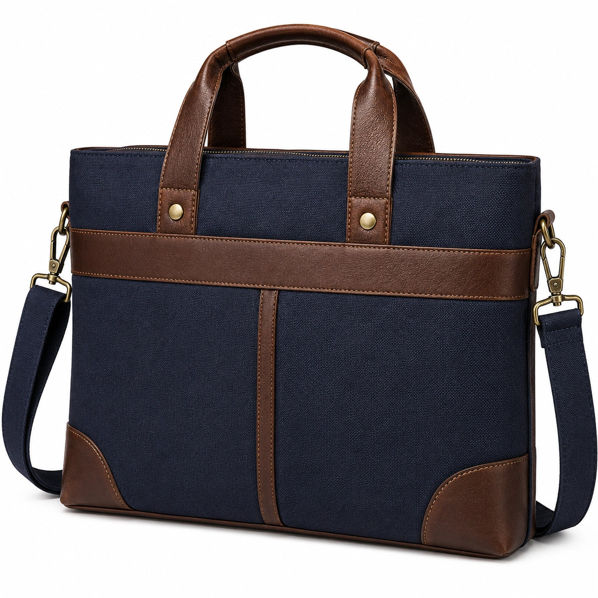 Borsa porta documenti 40 x 9 x 30 cm in tessuto blu navy e similpelle marrone con tracolla removibile