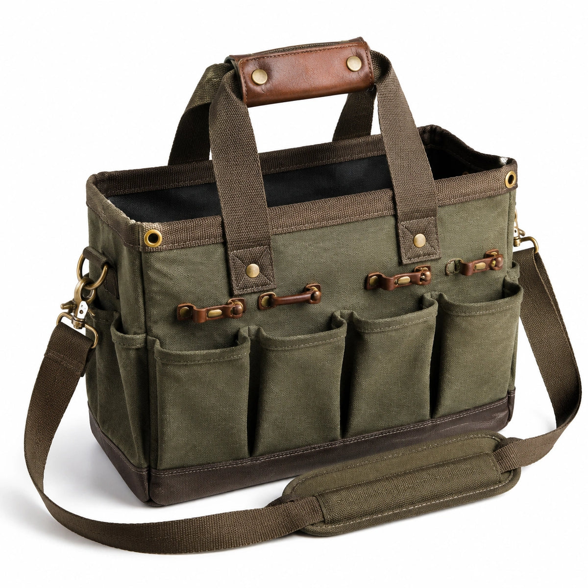 Borsa portautensili 35 x 18 x 28 cm in tela verde con tasche esterne a mano e tracolla