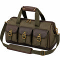 Borsone da viaggio 50 x 25 x 28 cm in tessuto verde oliva e similpelle marrone con tracolla e tasche esterne