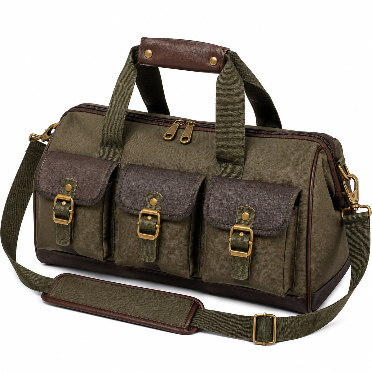 Borsone da viaggio 50 x 25 x 28 cm in tessuto verde oliva e similpelle marrone con tracolla e tasche esterne