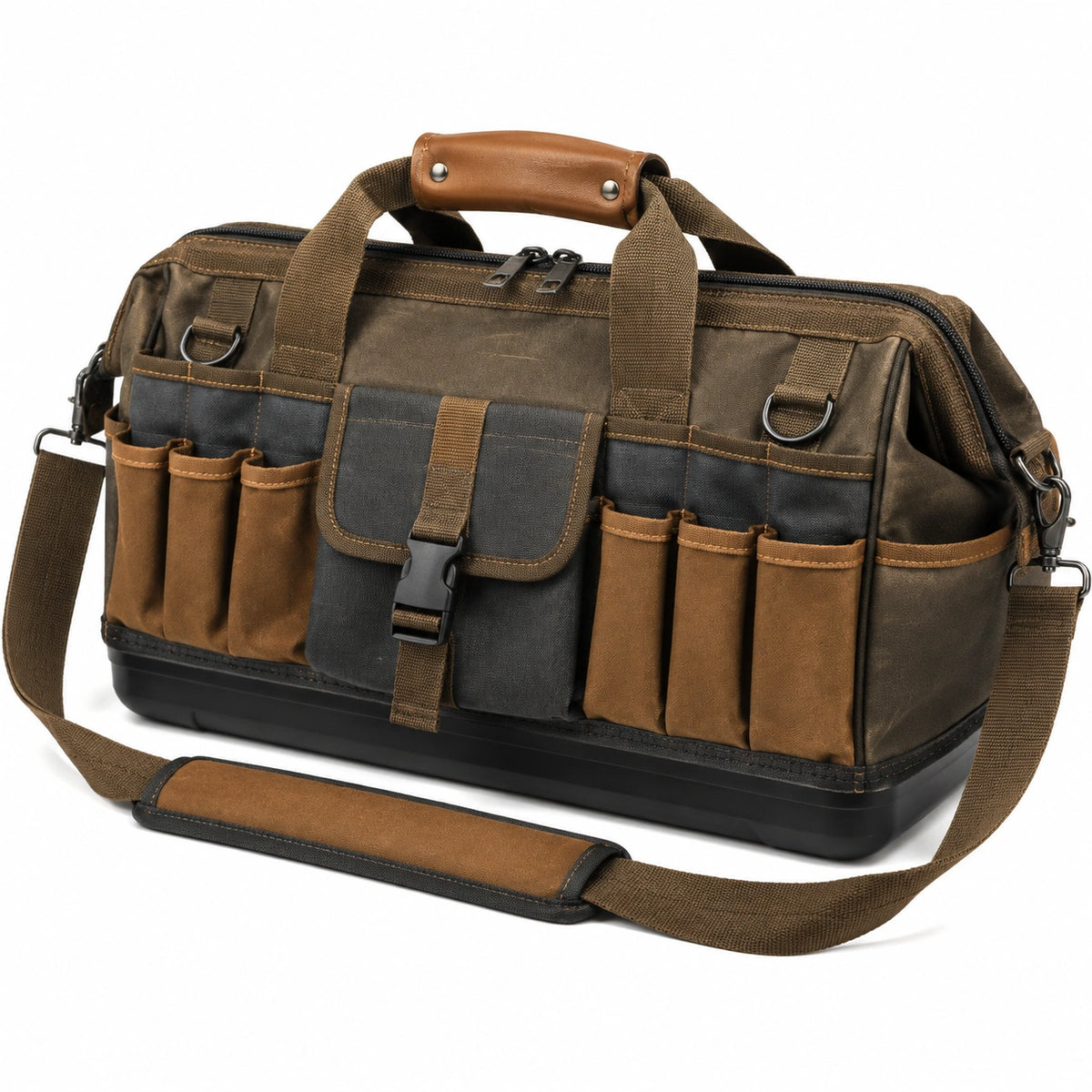 Borsa portautensili 45 x 25 x 30 cm in tessuto marrone e nero con tracolla