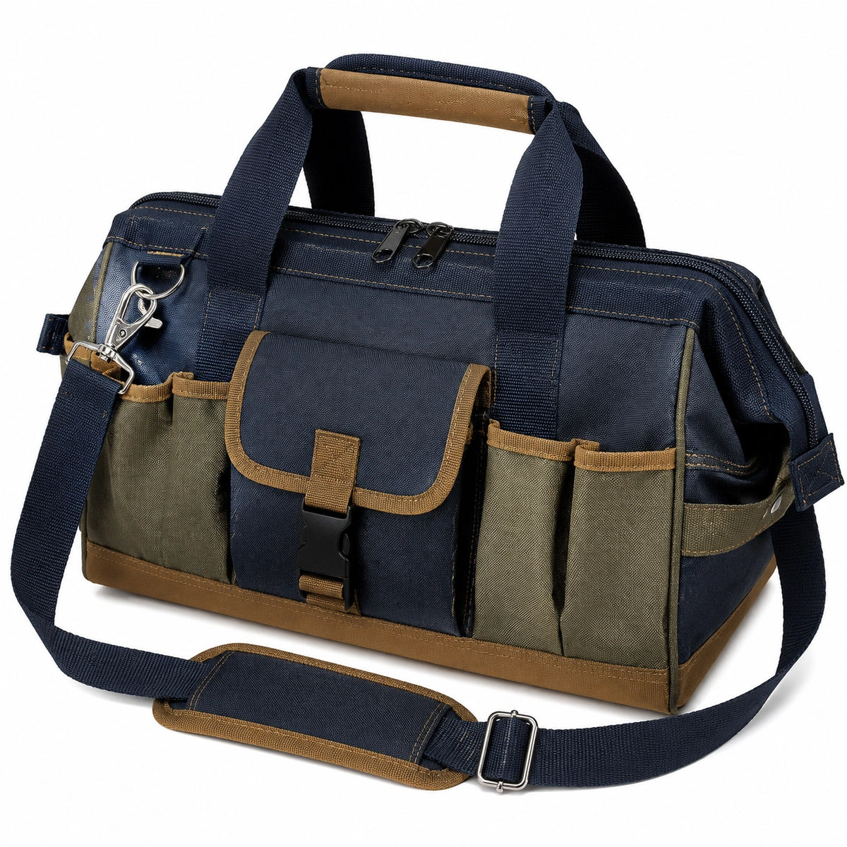 Borsa portautensili 40 x 18 x 28 cm in tessuto blu navy e verde oliva con tracolla regolabile