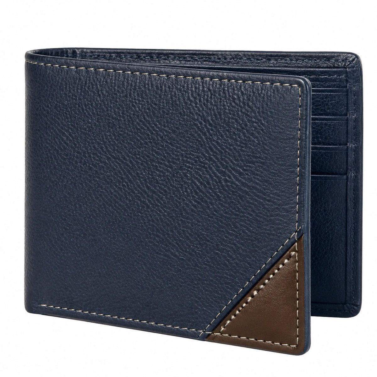Portafoglio da uomo 12 x 9 cm in pelle blu navy e marrone - pieghevole con scomparti per carte