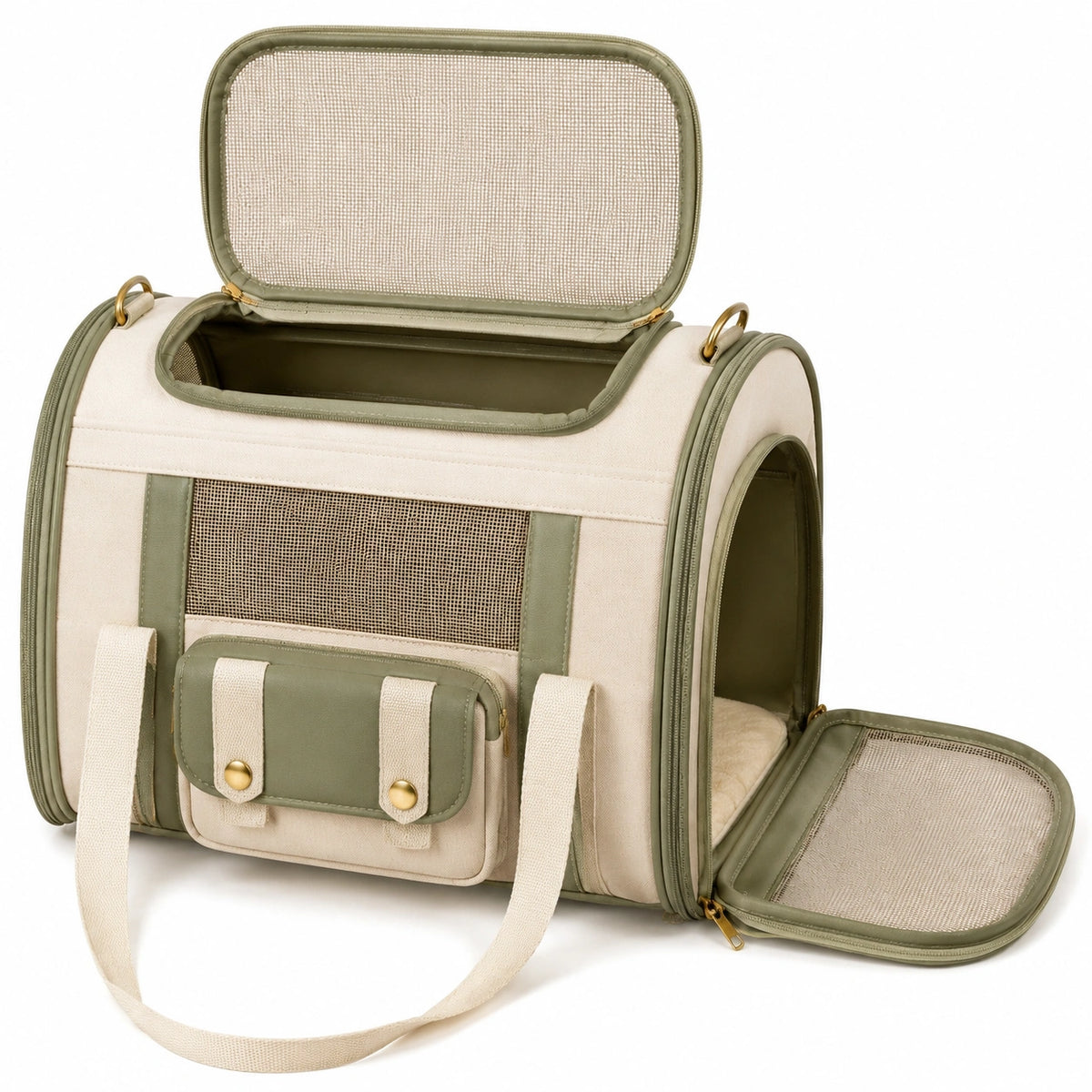Borsa trasportino per animali 45 x 28 x 30 cm in tessuto beige/verde con rete ventilata e tasca frontale
