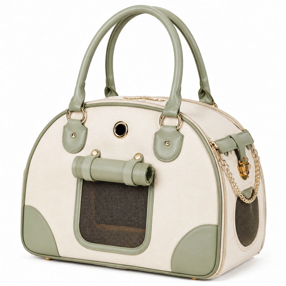 Borsa trasportino per animali 42x26x30 cm in tessuto beige e similpelle verde salvia con rete traspirante
