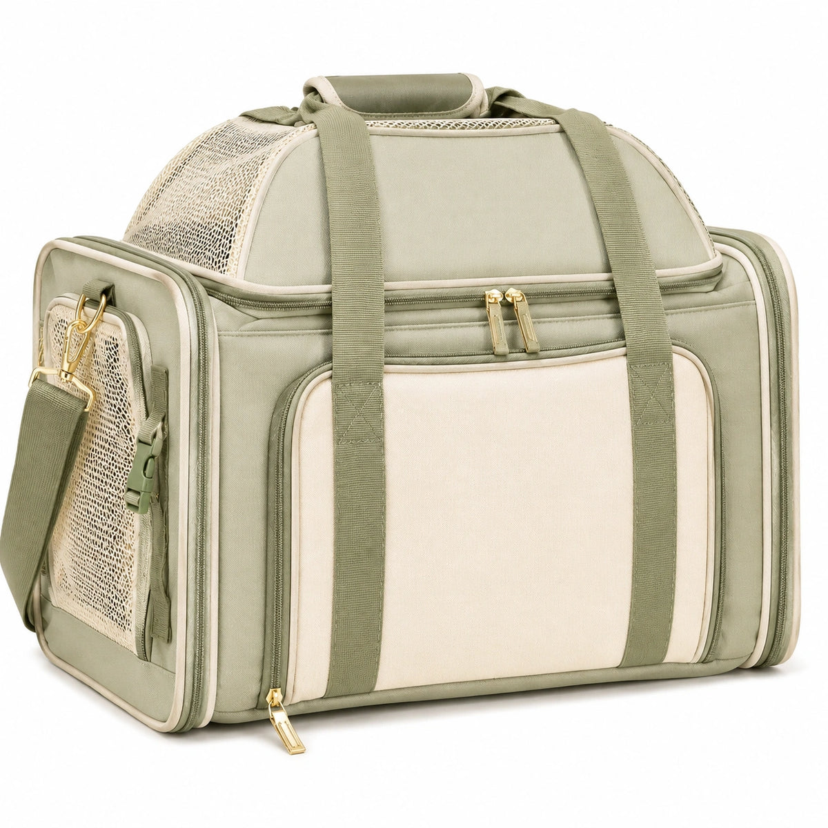 Borsa trasportino per animali 45 x 28 x 30 cm in tessuto verde salvia e beige con rete ventilata