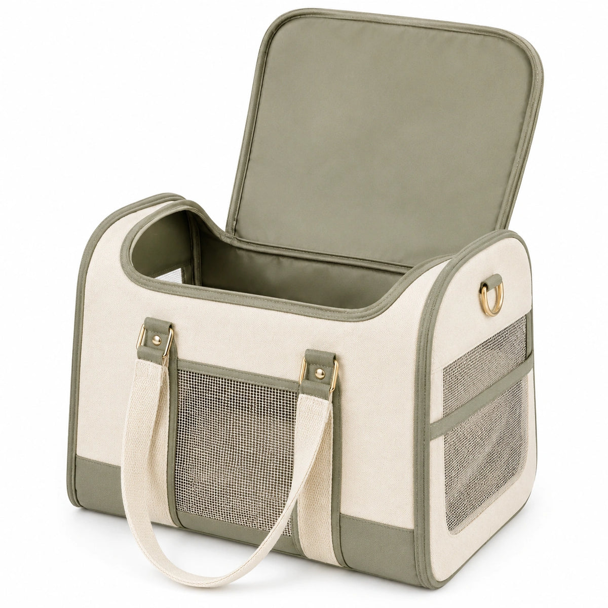 Borsa trasportino per animali 45 x 30 x 30 cm in tessuto beige e verde con rete traspirante