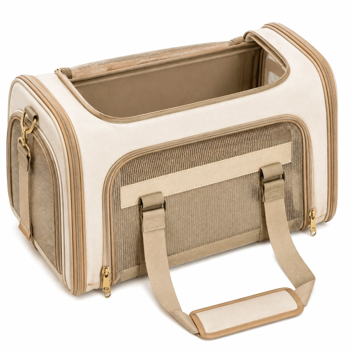 Borsa trasportino per animali 45 x 28 x 30 cm in tessuto beige con rete e tracolla