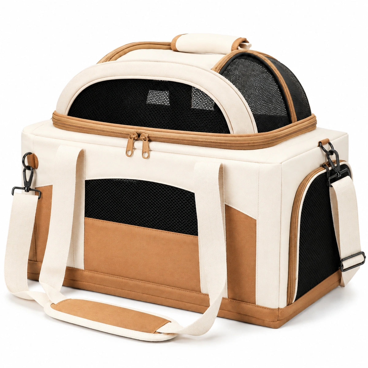 Trasportino per animali 45 x 30 x 30 cm in tessuto beige e marrone con rete - ventilato