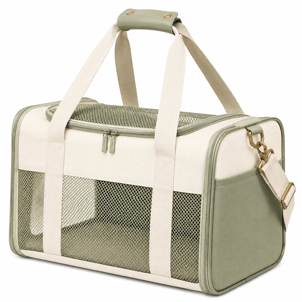 Borsa trasporto animali 50 x 30 x 30 cm in tessuto e rete verde salvia crema con tracolla