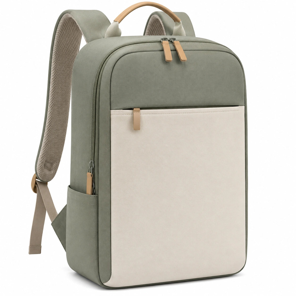 Zaino porta computer 30 x 14 x 42 cm in tessuto verde salvia e beige con tasca frontale