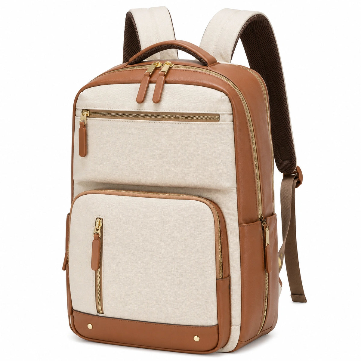 Zaino 30 x 16 x 42 cm in tessuto beige e similpelle marrone per lavoro e viaggio