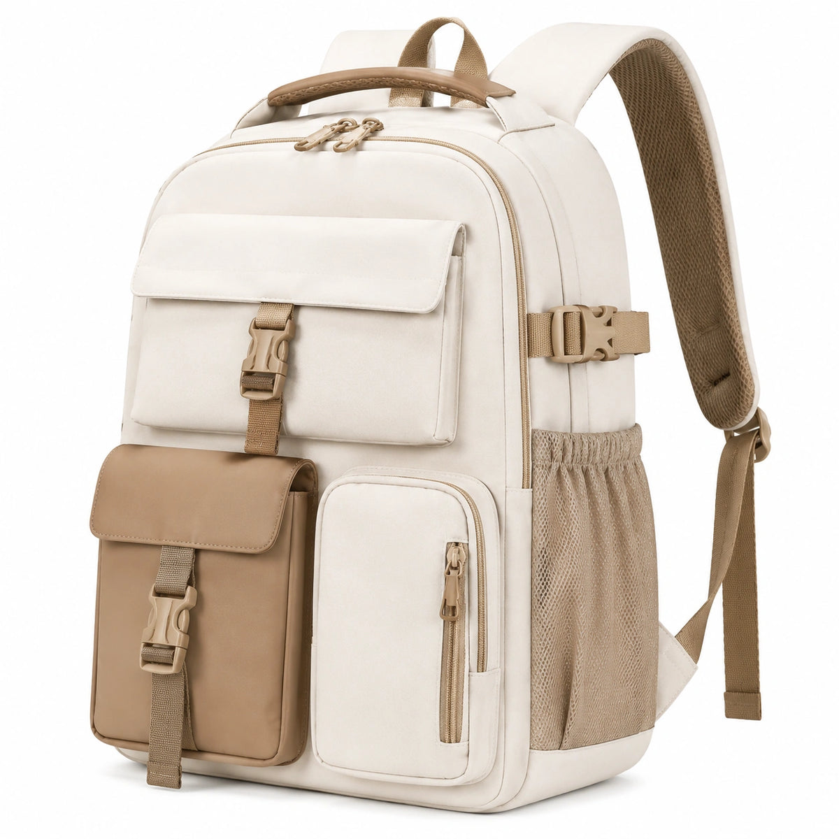 Zaino 30 x 18 x 42 cm in tessuto sintetico beige e marrone con tasche multiple per scuola e viaggio