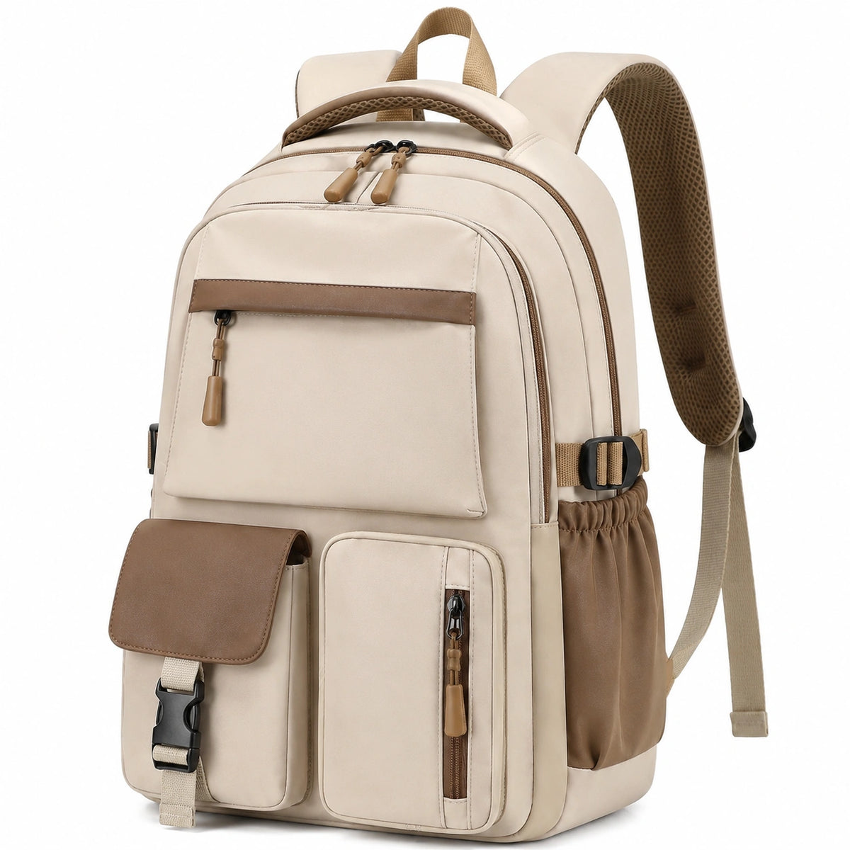 Zaino 30 x 18 x 42 cm in tessuto sintetico crema e marrone con tasche multiple per scuola e viaggio