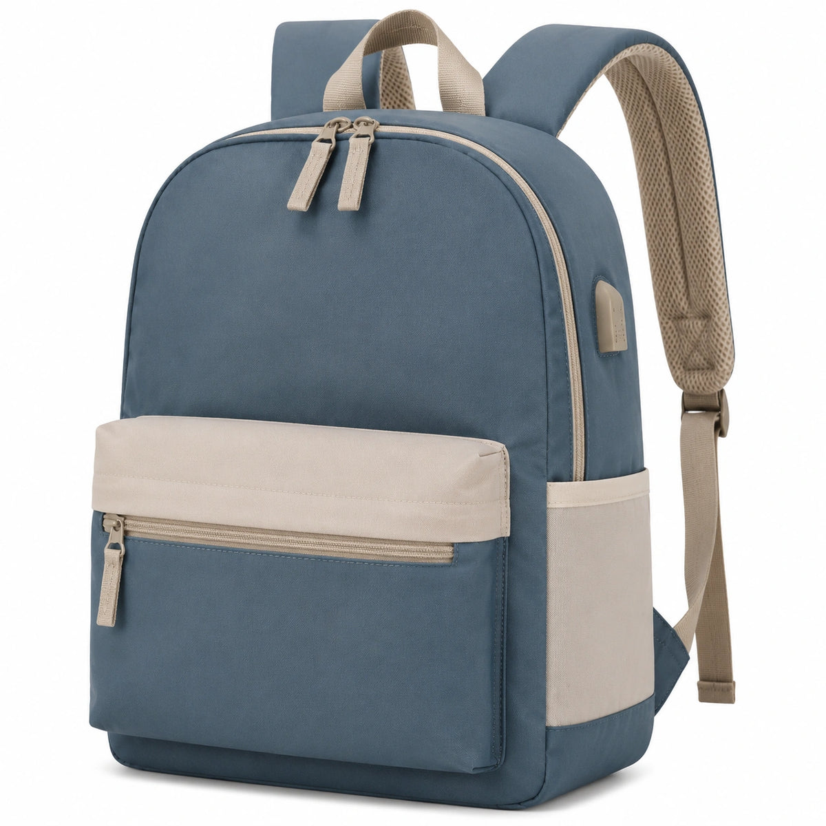 Zaino 30 x 14 x 40 cm in tessuto sintetico blu e beige per uso quotidiano con tasca frontale